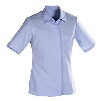 Short sleeve shirt with convertible collar, front cover fly front, left breast pocket with reinforced pencil vent and name badge eyelets.