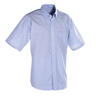 Short Sleeve button down collar, six button placket front, left chest pocket with reinforced pencil vent and name badge eyelets.