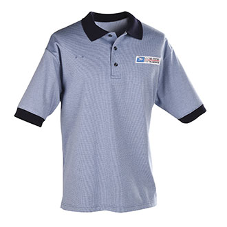 Short sleeve knit polo shirt with solid navy collar and cuffs. Upper badge eyelets on right chest and postal logo on left chest.